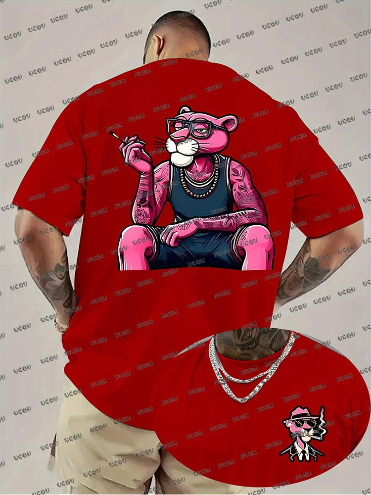 Summer New Men T-shirts Cartoon Pink Panther Print Short Sleeve O-neck Tees Casual Loose Cotton Tshirt Oversized Women Men Tops
