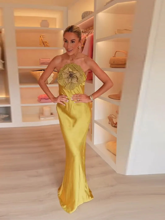 Fashion Solid Stain 3d Flower Halter Women Maxi Dress Chic Leeveless High Waist Slim Long Dress Lady 2025 Summer Evening Dresses