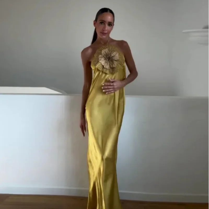 Fashion Solid Stain 3d Flower Halter Women Maxi Dress Chic Leeveless High Waist Slim Long Dress Lady 2025 Summer Evening Dresses