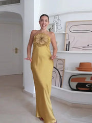 Fashion Solid Stain 3d Flower Halter Women Maxi Dress Chic Leeveless High Waist Slim Long Dress Lady 2025 Summer Evening Dresses
