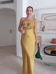 Fashion Solid Stain 3d Flower Halter Women Maxi Dress Chic Leeveless High Waist Slim Long Dress Lady 2025 Summer Evening Dresses