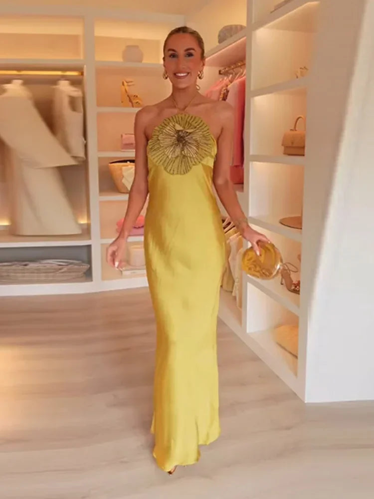Fashion Solid Stain 3d Flower Halter Women Maxi Dress Chic Leeveless High Waist Slim Long Dress Lady 2025 Summer Evening Dresses