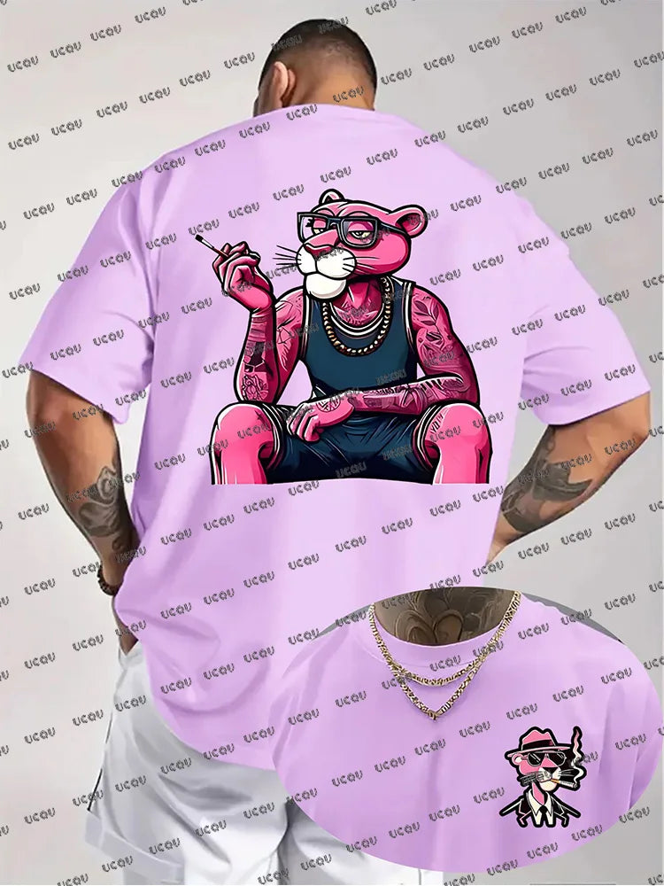 Summer New Men T-shirts Cartoon Pink Panther Print Short Sleeve O-neck Tees Casual Loose Cotton Tshirt Oversized Women Men Tops