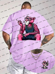 Summer New Men T-shirts Cartoon Pink Panther Print Short Sleeve O-neck Tees Casual Loose Cotton Tshirt Oversized Women Men Tops