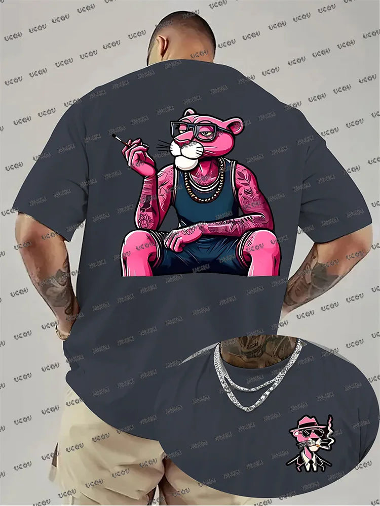 Summer New Men T-shirts Cartoon Pink Panther Print Short Sleeve O-neck Tees Casual Loose Cotton Tshirt Oversized Women Men Tops