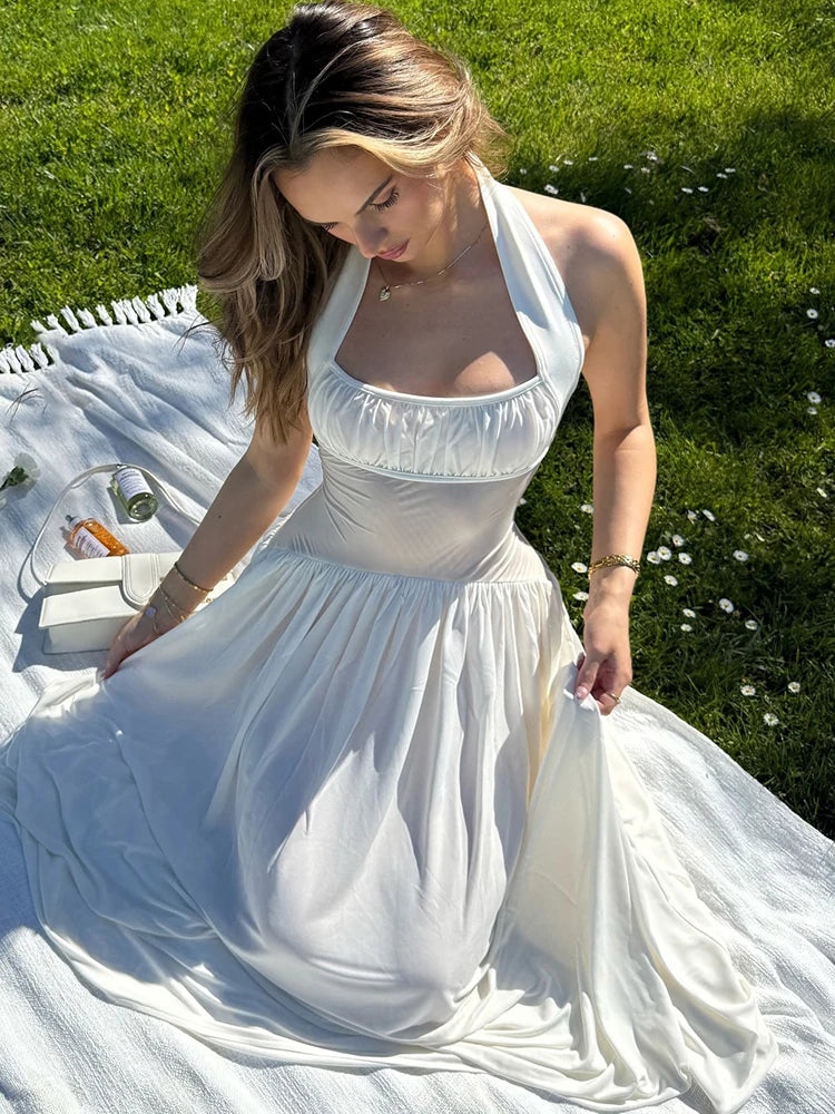 kliou Classic Patchwork Women Maxi Dress Sexy Simple Mesh Sheer Shirring Halter Backless A-line Vestidos Female Festival Frock