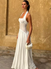 kliou Classic Patchwork Women Maxi Dress Sexy Simple Mesh Sheer Shirring Halter Backless A-line Vestidos Female Festival Frock
