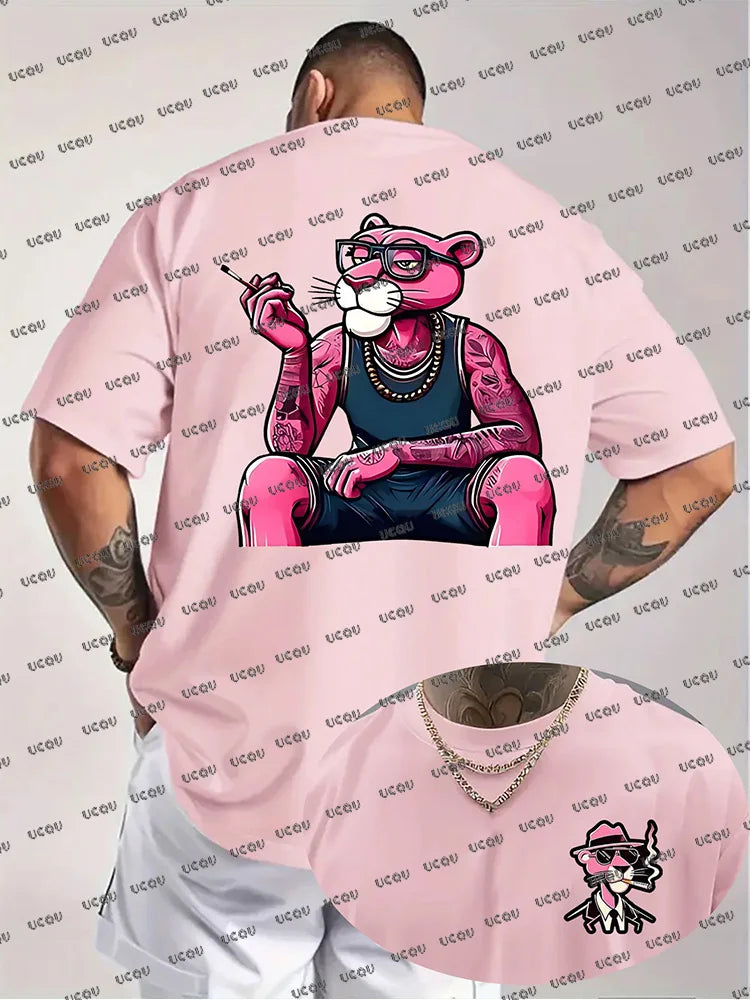 Summer New Men T-shirts Cartoon Pink Panther Print Short Sleeve O-neck Tees Casual Loose Cotton Tshirt Oversized Women Men Tops
