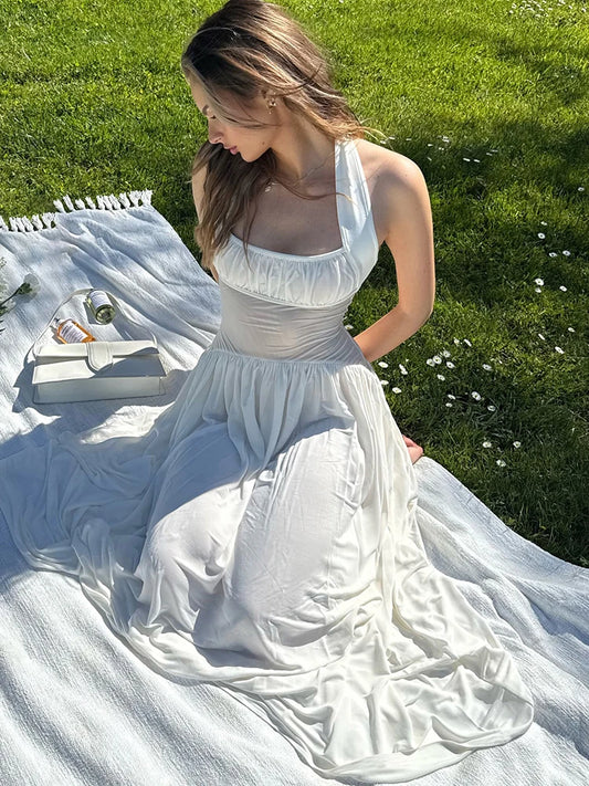 kliou Classic Patchwork Women Maxi Dress Sexy Simple Mesh Sheer Shirring Halter Backless A-line Vestidos Female Festival Frock