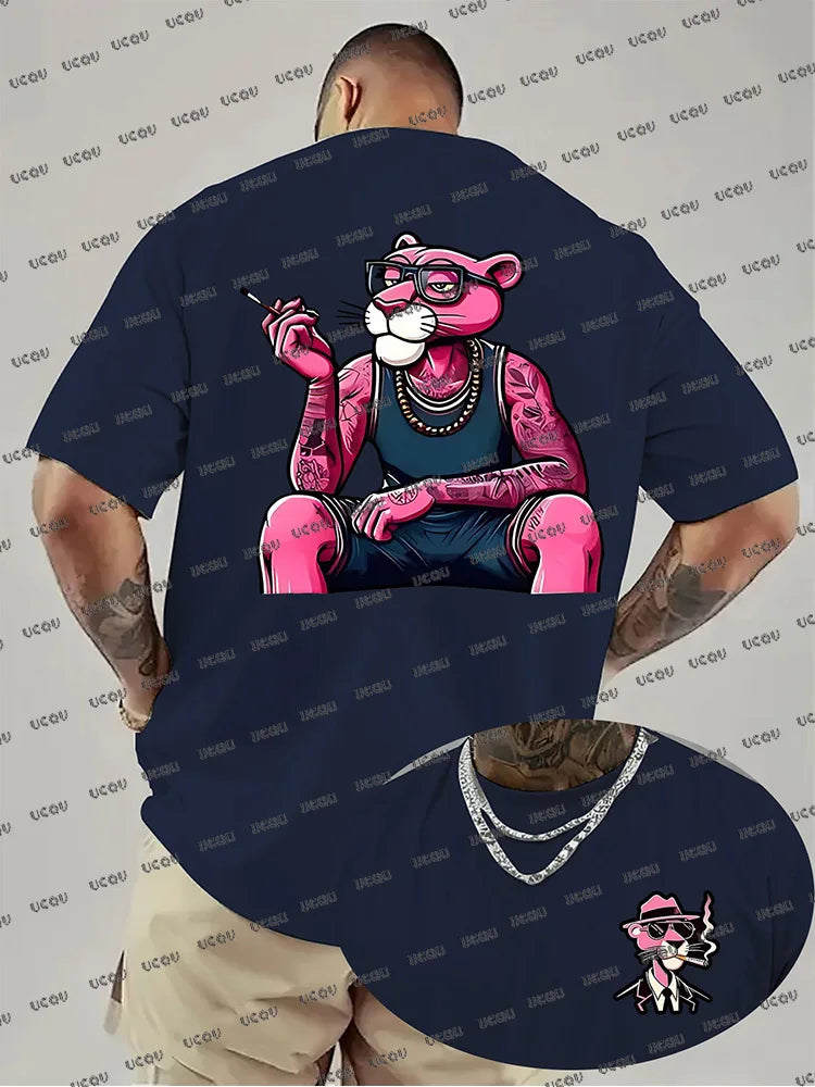 Summer New Men T-shirts Cartoon Pink Panther Print Short Sleeve O-neck Tees Casual Loose Cotton Tshirt Oversized Women Men Tops