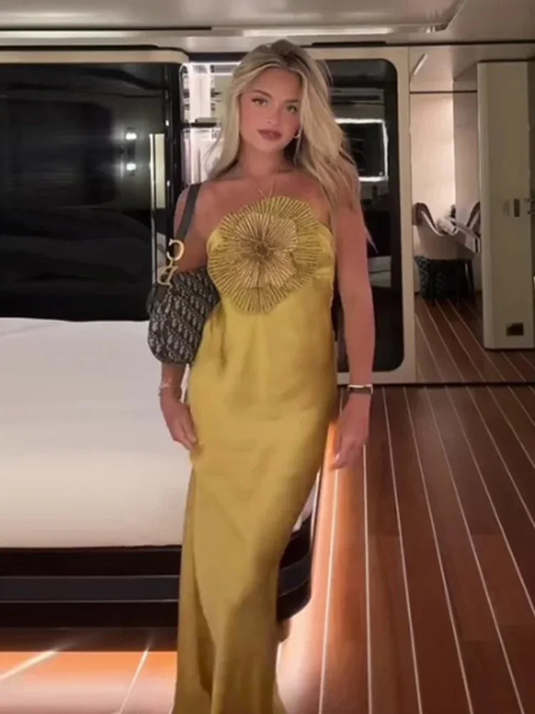Fashion Solid Stain 3d Flower Halter Women Maxi Dress Chic Leeveless High Waist Slim Long Dress Lady 2025 Summer Evening Dresses