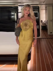 Fashion Solid Stain 3d Flower Halter Women Maxi Dress Chic Leeveless High Waist Slim Long Dress Lady 2025 Summer Evening Dresses
