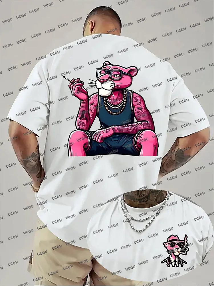 Summer New Men T-shirts Cartoon Pink Panther Print Short Sleeve O-neck Tees Casual Loose Cotton Tshirt Oversized Women Men Tops